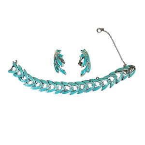 Vintage Coro enamel teal bracelet with matching earrings clip on
